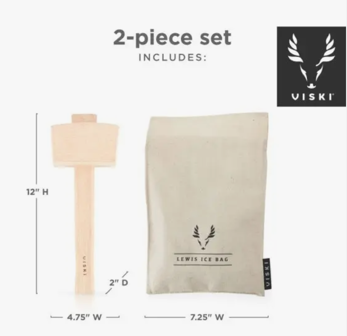 A wooden ice mallet and ice bag with dimensions shown and the Viski brand logo on a white background.