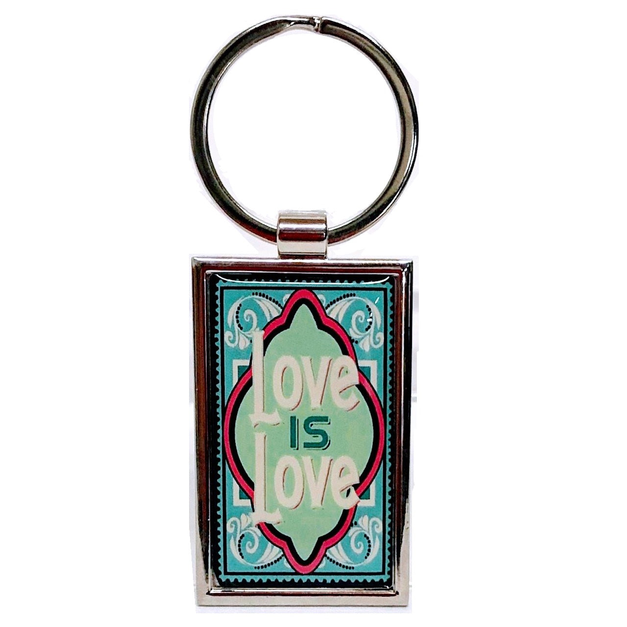 A keychain with blue and red designs with 'Love is Love' on it.