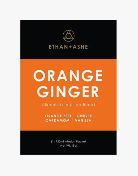 A box of Orange Ginger Infusion Blend by Ethan & Ashe against a white background.