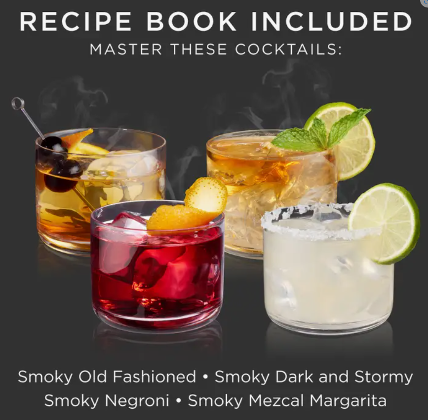 Four different colored cocktails with a list of what each one is and text stating 'Recipe Book Included'