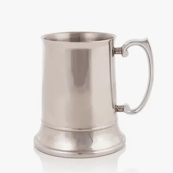 A shiny stainless steel traditional beer stein with a handle, displaying a reflection on its surface.