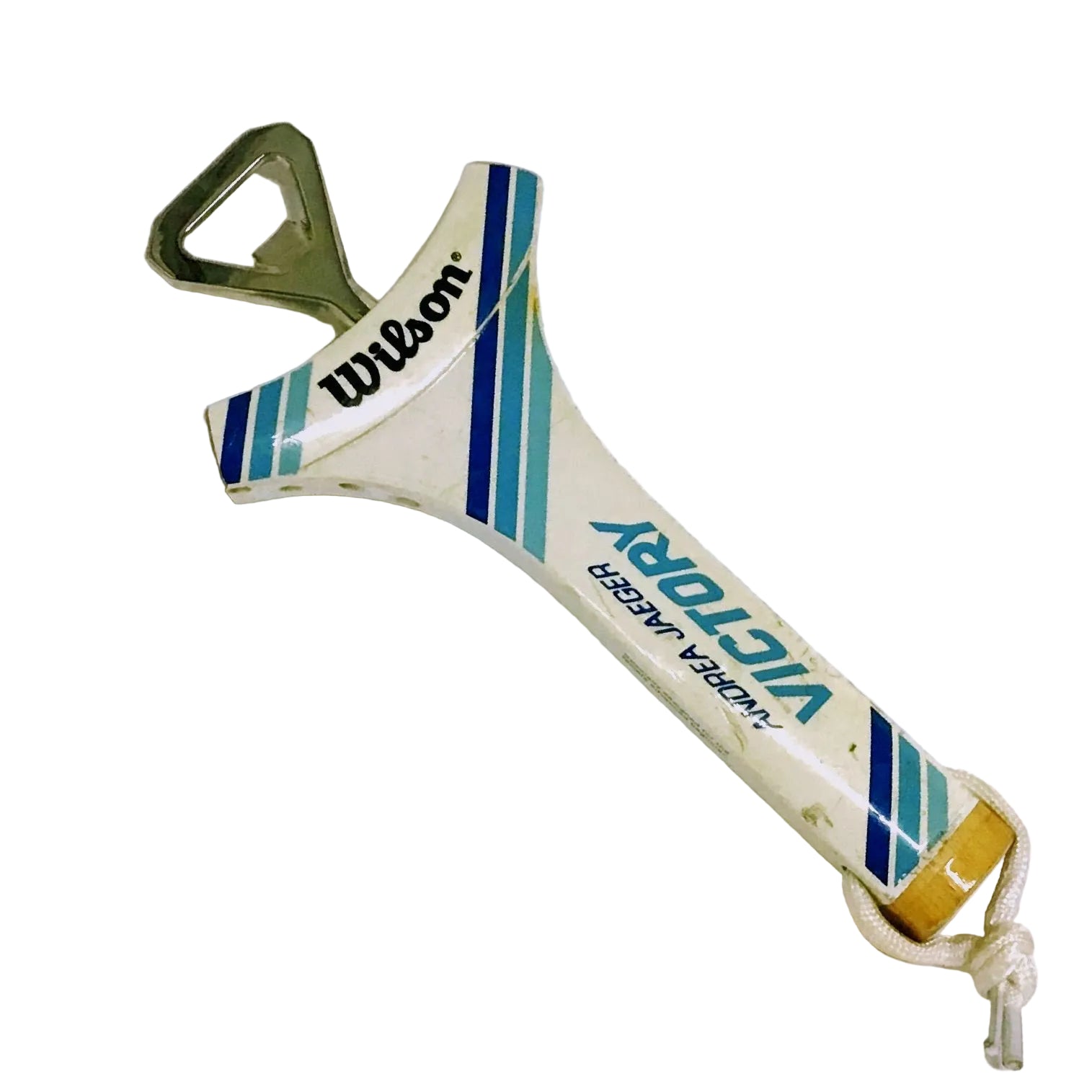 Tennis racket-shaped bottle opener with Wilson branding and the text 'Andrea Jaeger Victory' on a white background
