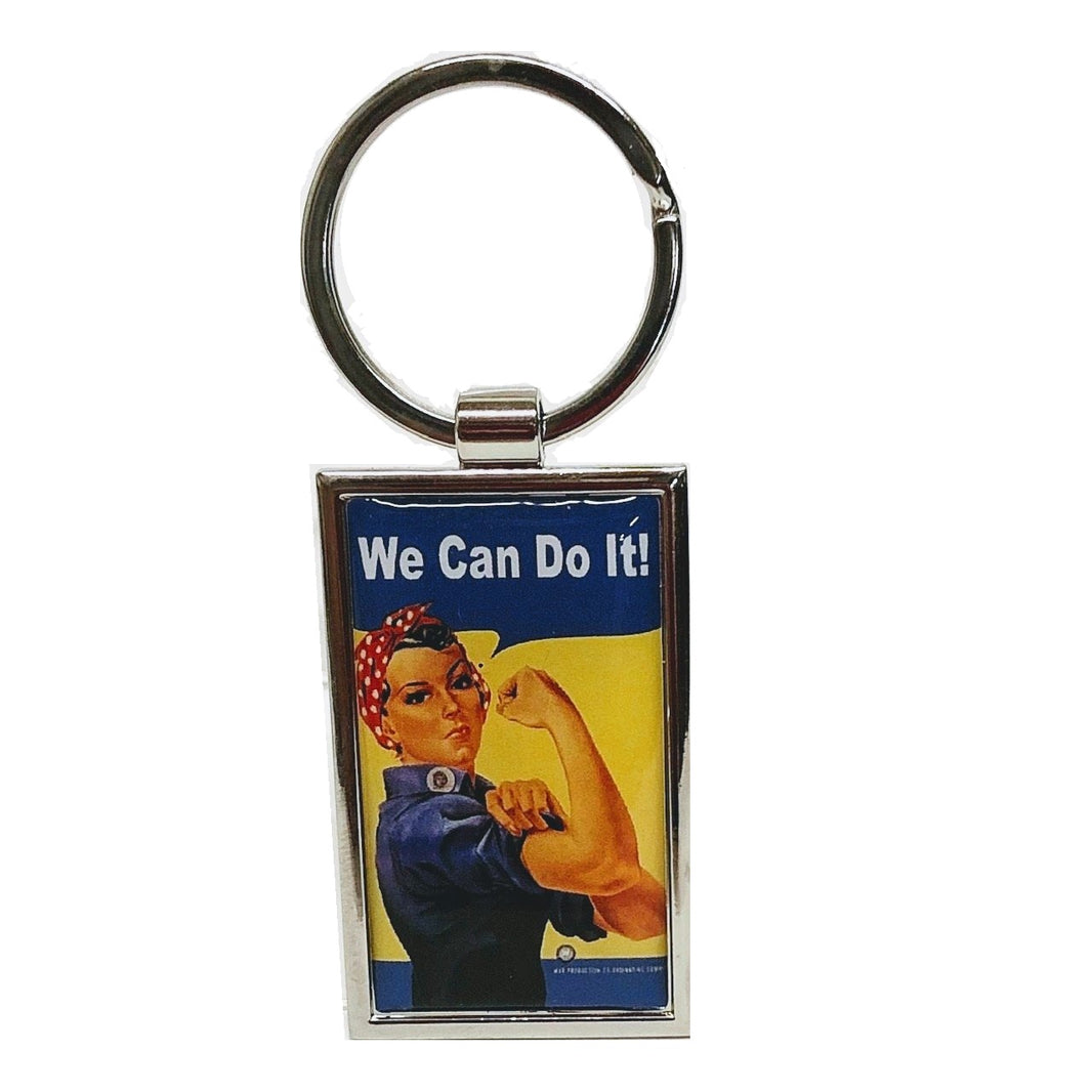 A keychain with the iconic Rosie the Riveter and the saying 'We can do it'